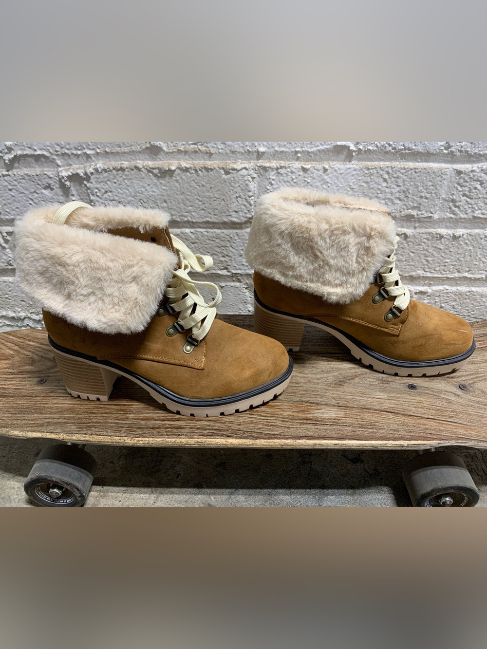 Women's Tan Faux-Suede Fur-Trim Lace-Up
Heeled Ankle Boot - SIZE 6 1/2
